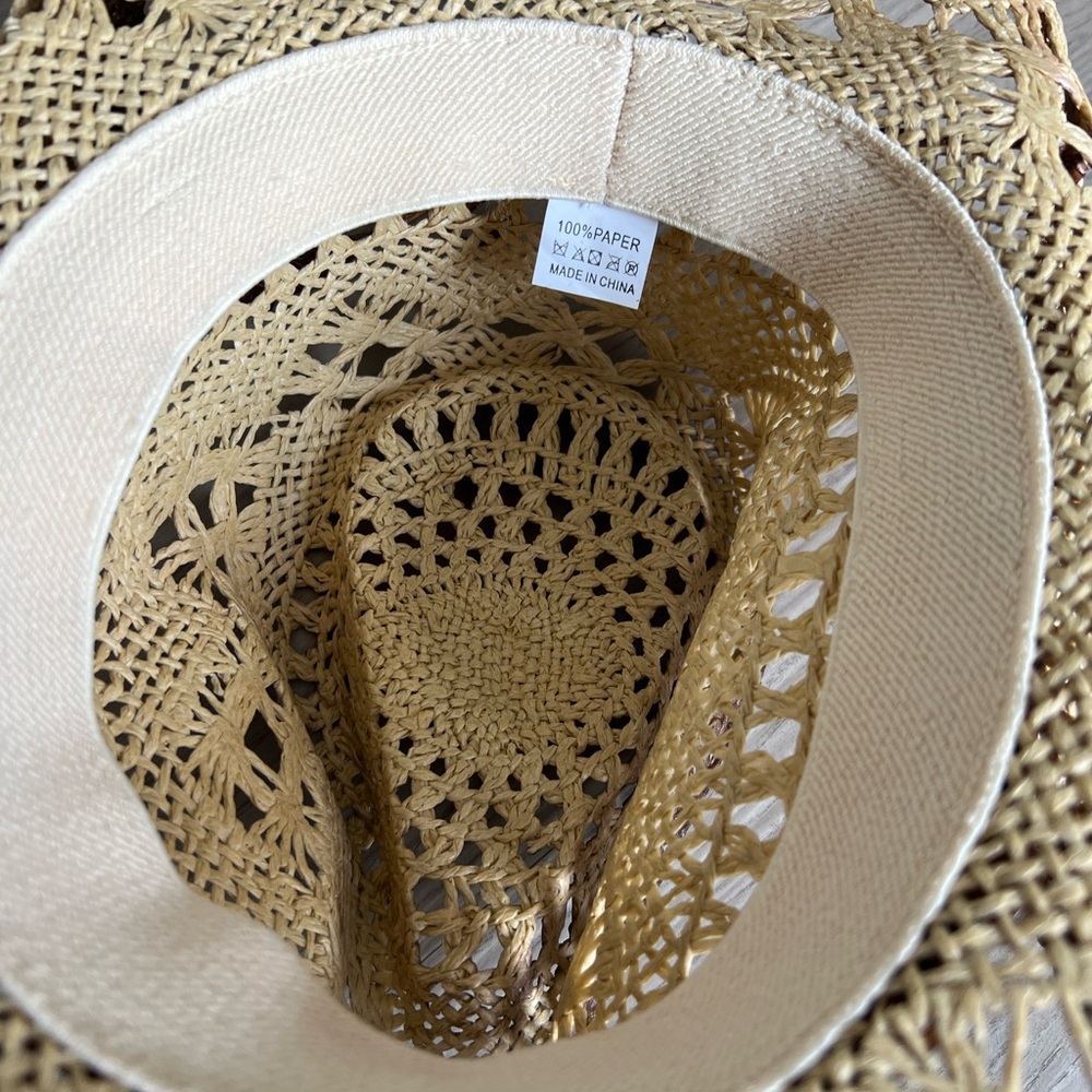 Unisex  Tan cowboy straw  Hat with Bead Accents NWOT - Picture 5 of 6
